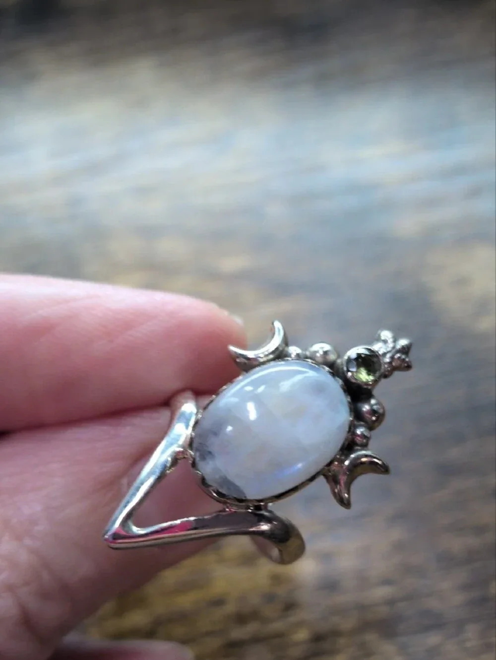 Silver Moonstone and Peridot Statement Ring - Moonlight Glow